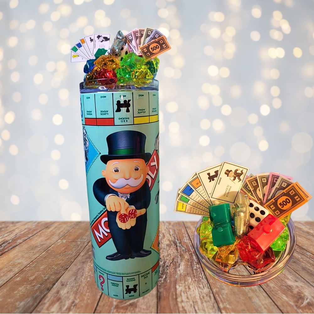 Monopoly Game 20 oz Tumbler With Removable Magnetic Ice Lid Topper